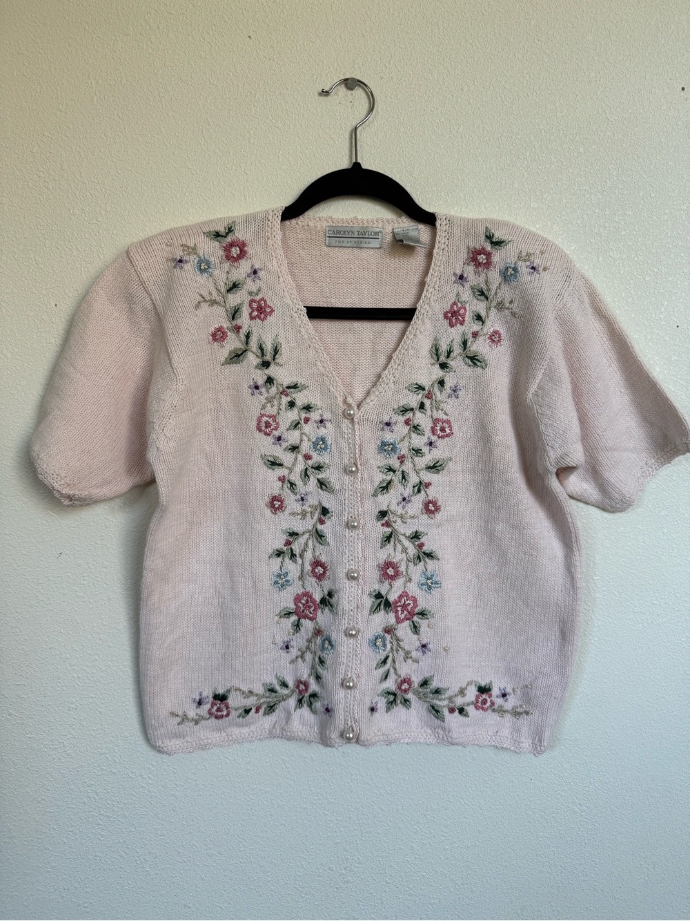 Carolyn Taylor Cottagecore Floral Embroidered Pearl Button Cardigan Sweater M - Picture 2 of 9